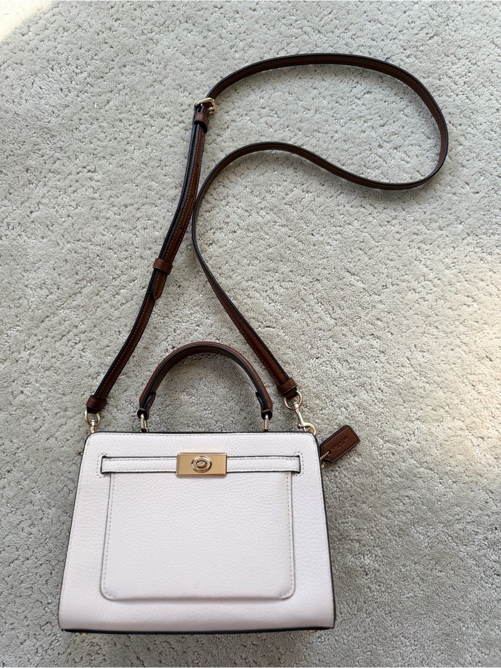 Coach Cream Leather Satchel with Brown Strap and Gold Hardware